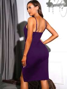 Vestido de tirantes unicolor ribete con fruncido de muslo con abertura - Morado - Ver 2