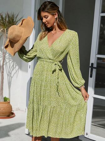 Simplee Vestido con cinturón con estampado floral de manga farol bajo con fruncido