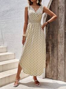 SHEIN VCAY Đầm Trọn gói Dải chun Chấm bi Giải trí - Màu be - Xem 3