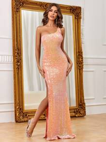 Glamorous Women's Sequin Maxi Gown With Asymmetrical Neck & Split Thigh, Elegant Sleeveless Formal Dress - Orange - View 1
