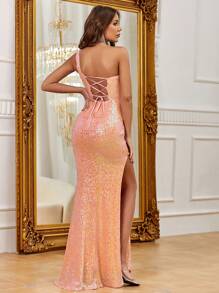 Glamorous Women's Sequin Maxi Gown With Asymmetrical Neck & Split Thigh, Elegant Sleeveless Formal Dress - Orange - View 2