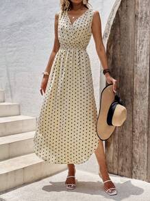 SHEIN VCAY Đầm Trọn gói Dải chun Chấm bi Giải trí - Màu be - Xem 5