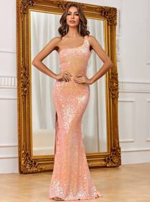 Glamorous Women's Sequin Maxi Gown With Asymmetrical Neck & Split Thigh, Elegant Sleeveless Formal Dress - Orange - View 5