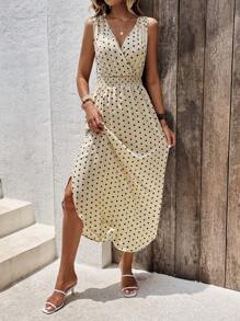 SHEIN VCAY Đầm Trọn gói Dải chun Chấm bi Giải trí - Màu be - Xem 6