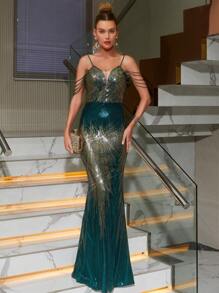 嵌入網紗亮片派對禮服 - 彩色 - 查看 1