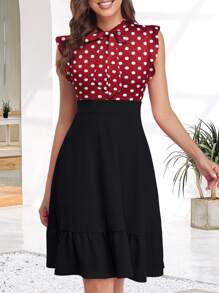 Polka Dot Print Ruffle Trim Dress - Black - View 1
