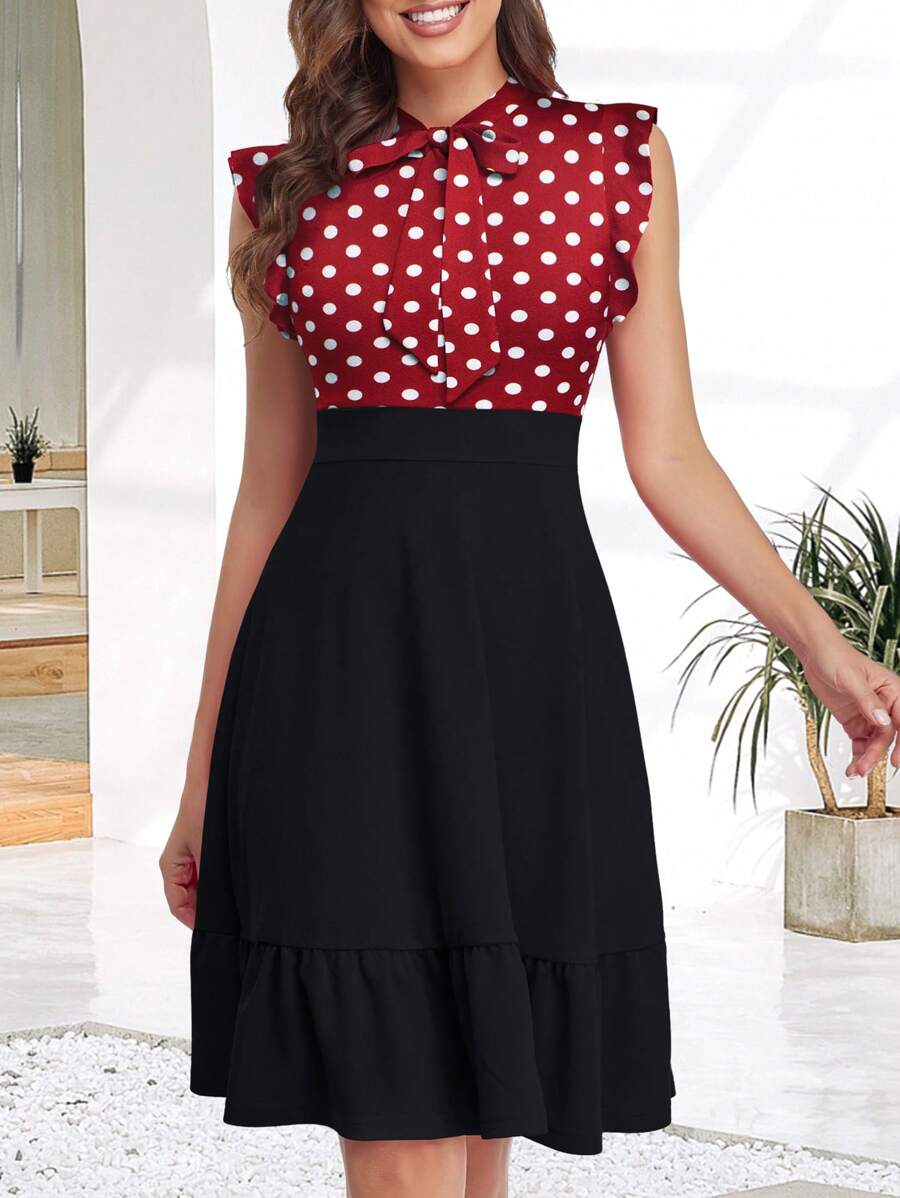 Polka Dot Print Ruffle Trim Dress - Black - View 1