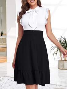 Vestido de dos tonos de cuello con cordón ribete con fruncido