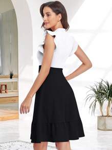 Vestido de dos tonos de cuello con cordón ribete con fruncido