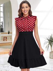 Polka Dot Print Ruffle Trim Dress - Black - View 3