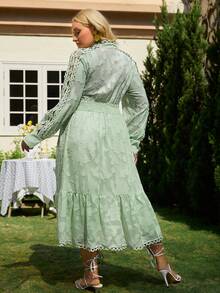 Simplee 提花水溶蕾絲拼接荷葉邊洋裝 - 綠色 - 查看 2