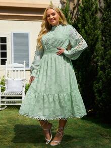 Simplee 提花水溶蕾絲拼接荷葉邊洋裝 - 綠色 - 查看 3