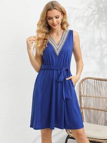Contrast Lace Belted Dress - Blue - View 3