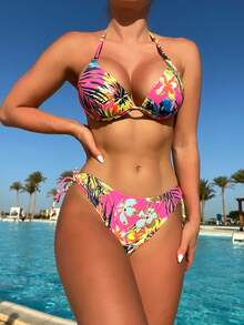 Tropical Print Halter Push Up Bikini Set - Multicolor - View 3