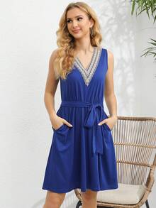 Contrast Lace Belted Dress - Blue - View 5