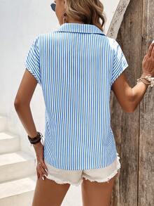 SHEIN LUNE 條紋印花蝙蝠袖襯衫 - 藍白色 - 查看 2