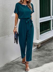 SHEIN LUNE Solid Batwing Sleeve Belted Jumpsuit - Teal Blue - View 1