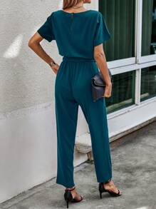 SHEIN LUNE Solid Batwing Sleeve Belted Jumpsuit - Teal Blue - View 2