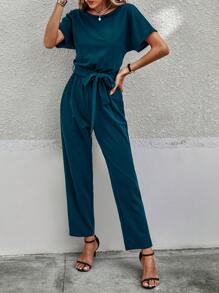 SHEIN LUNE Solid Batwing Sleeve Belted Jumpsuit - Teal Blue - View 4