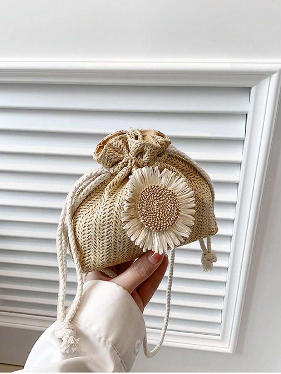 迷你花朵裝飾草編包抽繩設計度假 - 卡其色 - 查看 1