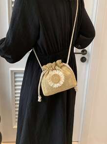 迷你花朵裝飾草編包抽繩設計度假 - 卡其色 - 查看 2