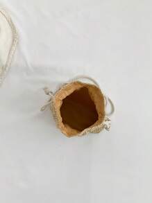 迷你花朵裝飾草編包抽繩設計度假 - 卡其色 - 查看 3