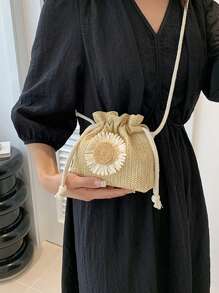 迷你花朵裝飾草編包抽繩設計度假 - 卡其色 - 查看 6