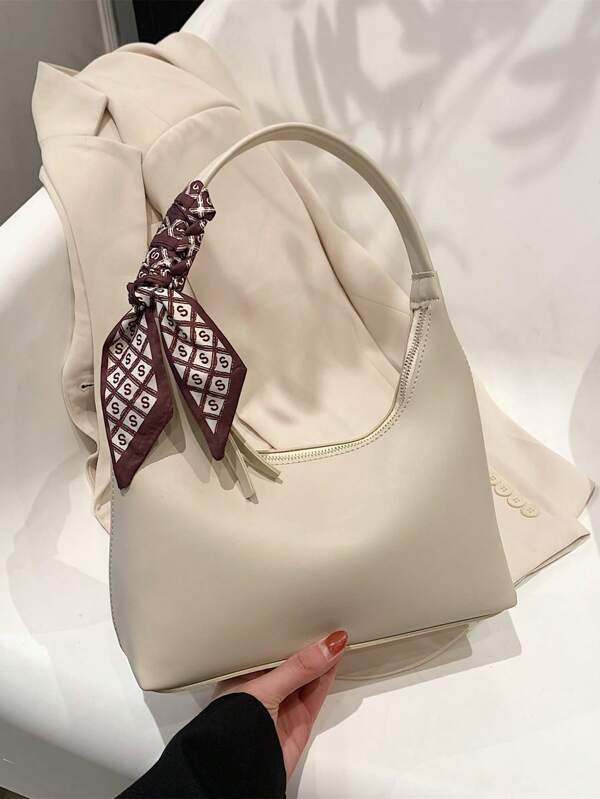 Skinny Scarf Decor Hobo Bag Medium Zipper Beige Handbag, Shoulder Bag, Hobo Bag Casual, Minimalist Solid Color Portable, Lightweight For Girl, For Women, Rookies & White-Collar Workers, For Woman Gift Bag, Work, Business, Commute, Outdoors, Travel, Outings, Shopping Valentines
