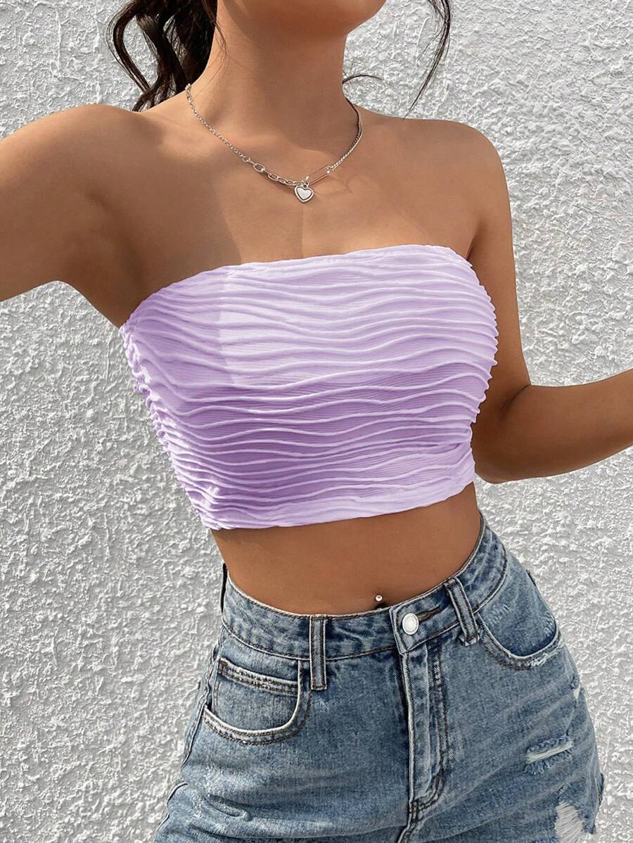 SHEIN EZwear Solid Ruched Crop Tube Top - Lilac Purple - View 1