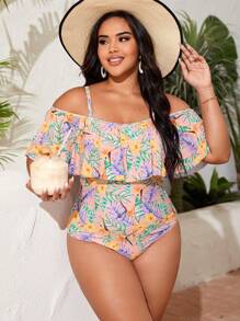 SHEIN Swim Curve Cộng với kích thước một mảnh Ruffle phóng đại Nhiệt đới - Màu Hồng  San hô - Xem 5