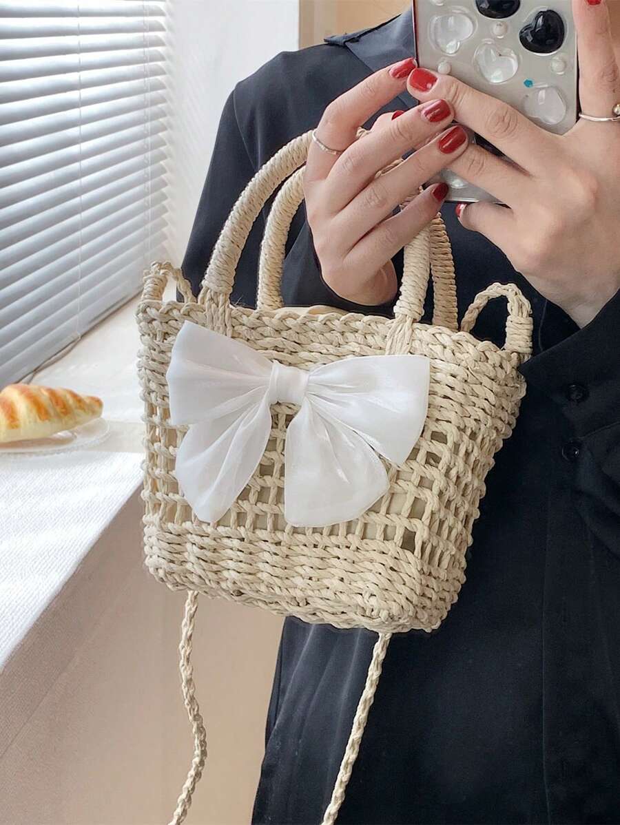 Mini Bow Decor Túi rơm Tay cầm đôi Kỳ nghỉ - Màu be - Xem 1