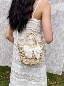 Mini Bow Decor Túi rơm Tay cầm đôi Kỳ nghỉ - Màu be - Xem 2