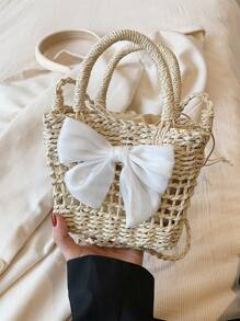 Mini Bow Decor Túi rơm Tay cầm đôi Kỳ nghỉ - Màu be - Xem 7