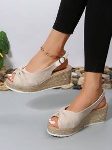 女士休閒厚底繩線涼鞋，帶花朵紋理，輕盈舒適，適用於春夏季節 - 米色 - 查看 1