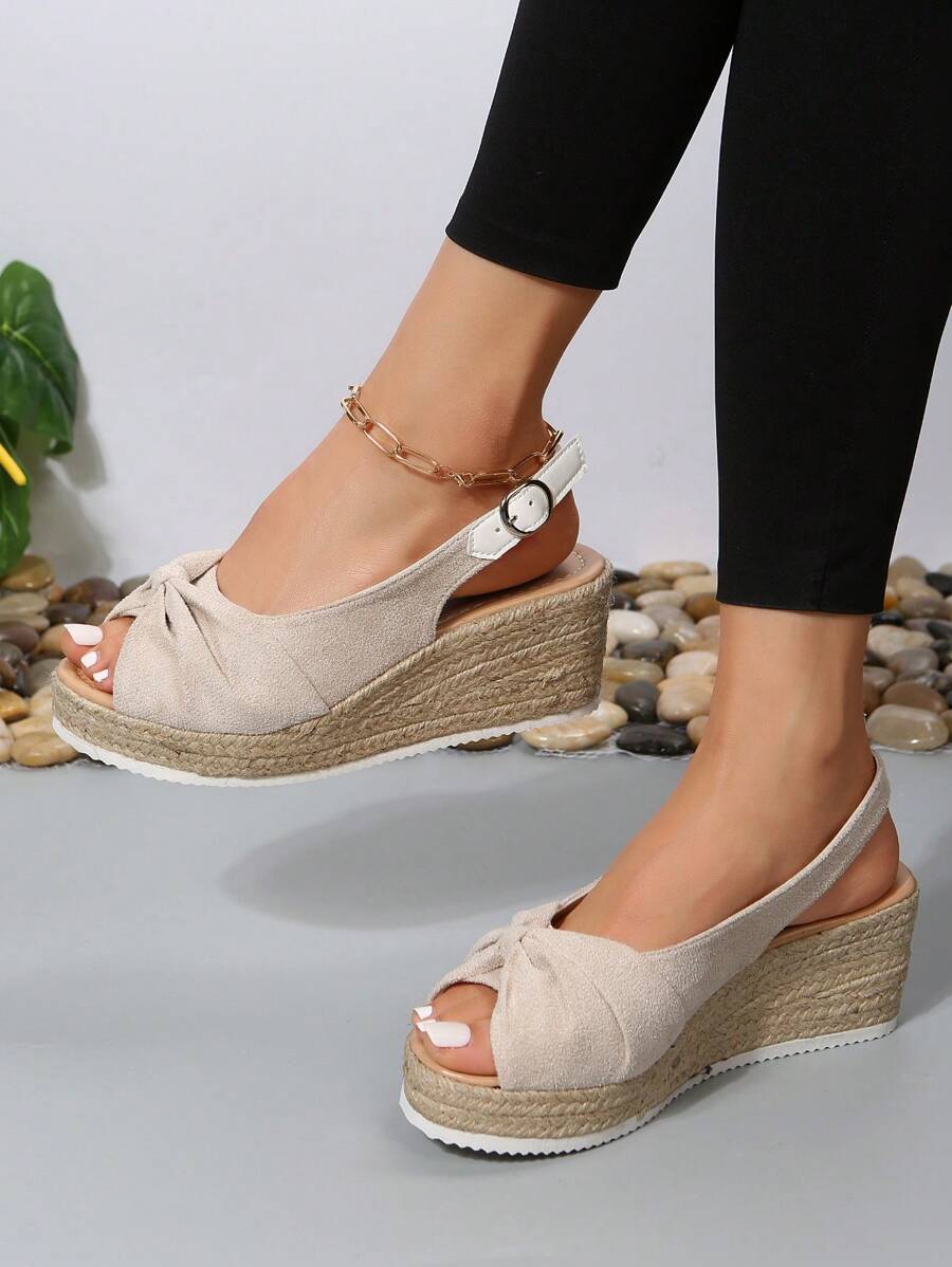 女士休閒厚底繩線涼鞋，帶花朵紋理，輕盈舒適，適用於春夏季節 - 米色 - 查看 1