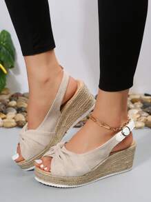 女士休閒厚底繩線涼鞋，帶花朵紋理，輕盈舒適，適用於春夏季節 - 米色 - 查看 3