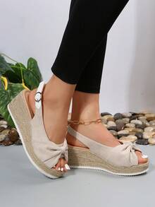 女士休閒厚底繩線涼鞋，帶花朵紋理，輕盈舒適，適用於春夏季節 - 米色 - 查看 4