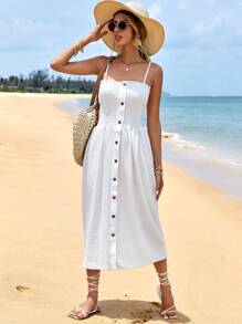 EURMUSE Button Front Cami Dress - White - View 1