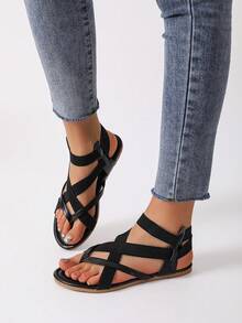 女性交叉帶丁字褲時尚夏天平底涼鞋 - 黑色 - 查看 1