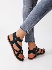 女性交叉帶丁字褲時尚夏天平底涼鞋 - 黑色 - 查看 2