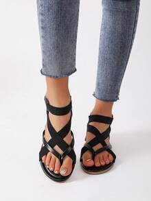 女性交叉帶丁字褲時尚夏天平底涼鞋 - 黑色 - 查看 4