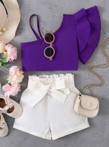 SHEIN 年輕女孩2入組，休閒單肩喇叭袖上衣和蝴蝶紙袋彈性腰短褲，夏季穿著 - 彩色 - 查看 1