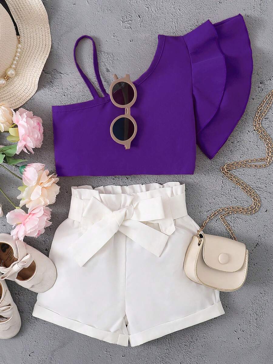 SHEIN 年輕女孩2入組，休閒單肩喇叭袖上衣和蝴蝶紙袋彈性腰短褲，夏季穿著 - 彩色 - 查看 1