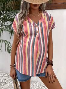 SHEIN Maternity Striped Print Batwing Sleeve Half Button Blouse - Multicolor - View 1