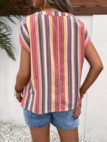 SHEIN Maternity Striped Print Batwing Sleeve Half Button Blouse - Multicolor - View 2