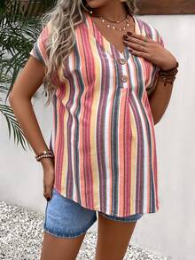 SHEIN Maternity Striped Print Batwing Sleeve Half Button Blouse - Multicolor - View 3