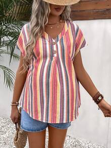 SHEIN Maternity Striped Print Batwing Sleeve Half Button Blouse - Multicolor - View 4