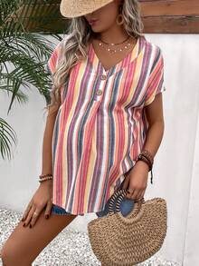 SHEIN Maternity Striped Print Batwing Sleeve Half Button Blouse - Multicolor - View 6