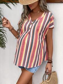 SHEIN Maternity Striped Print Batwing Sleeve Half Button Blouse - Multicolor - View 7