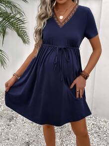 SHEIN Maternity Contrast Taped Belted Dress - Navy Blue - View 2